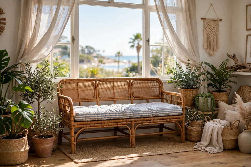 Rattan bench with striped cushion under bright living room window