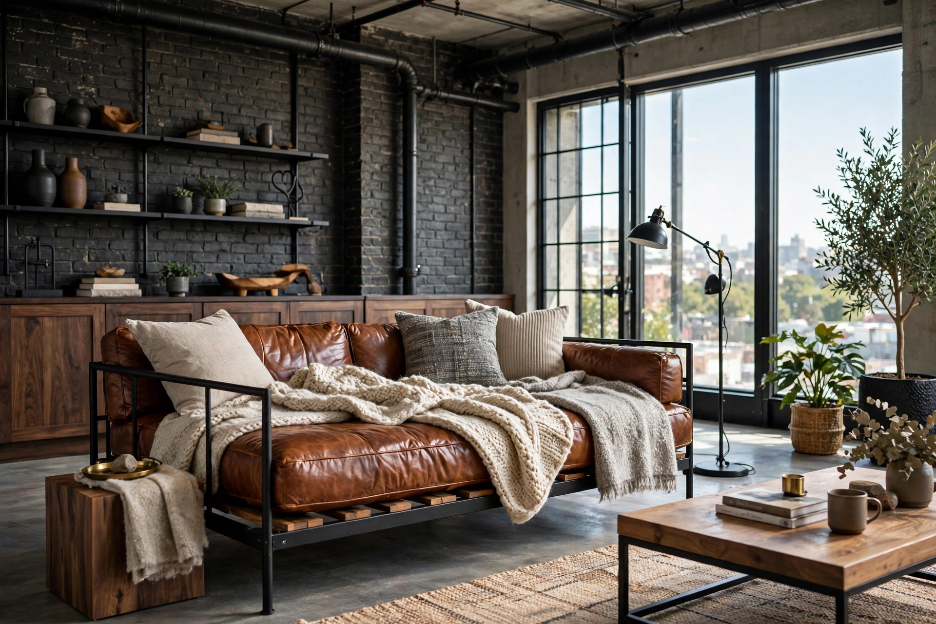 Cognac leather daybed with wool throws in modern industrial living room
