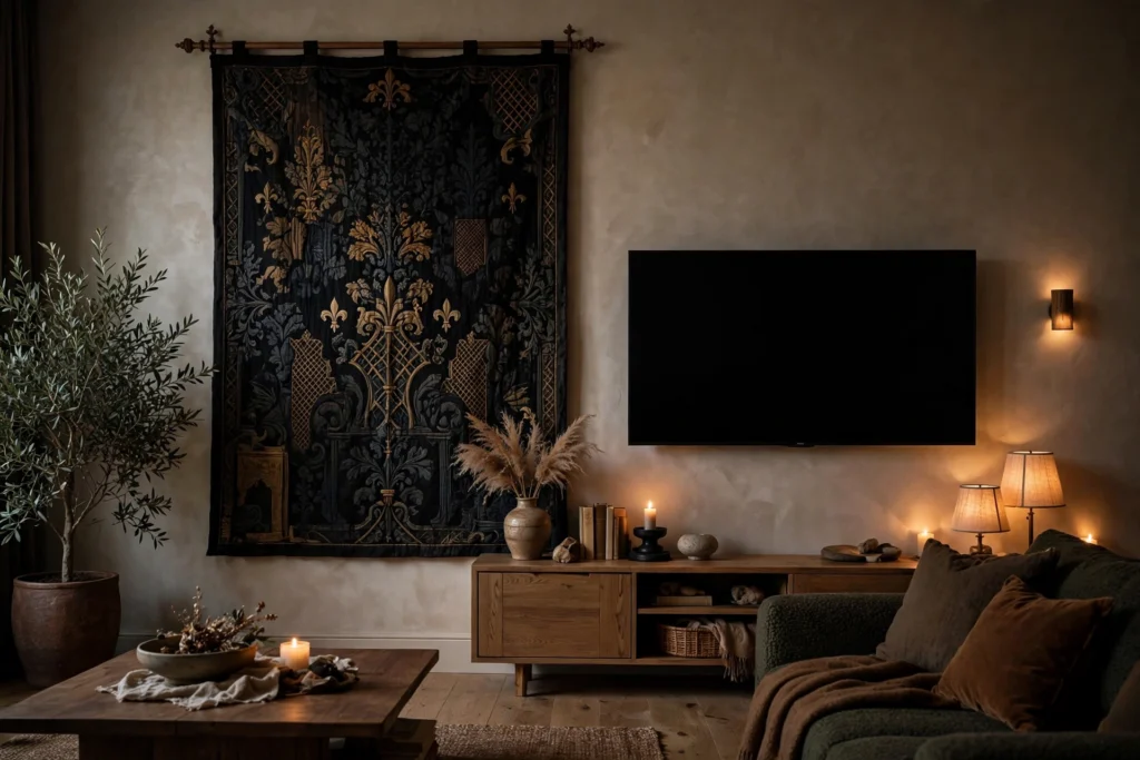 Television mounted on wall beside large dark tapestry