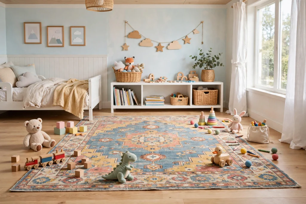 Machine-washable vintage-look rug in a cheerful kids bedroom with toys