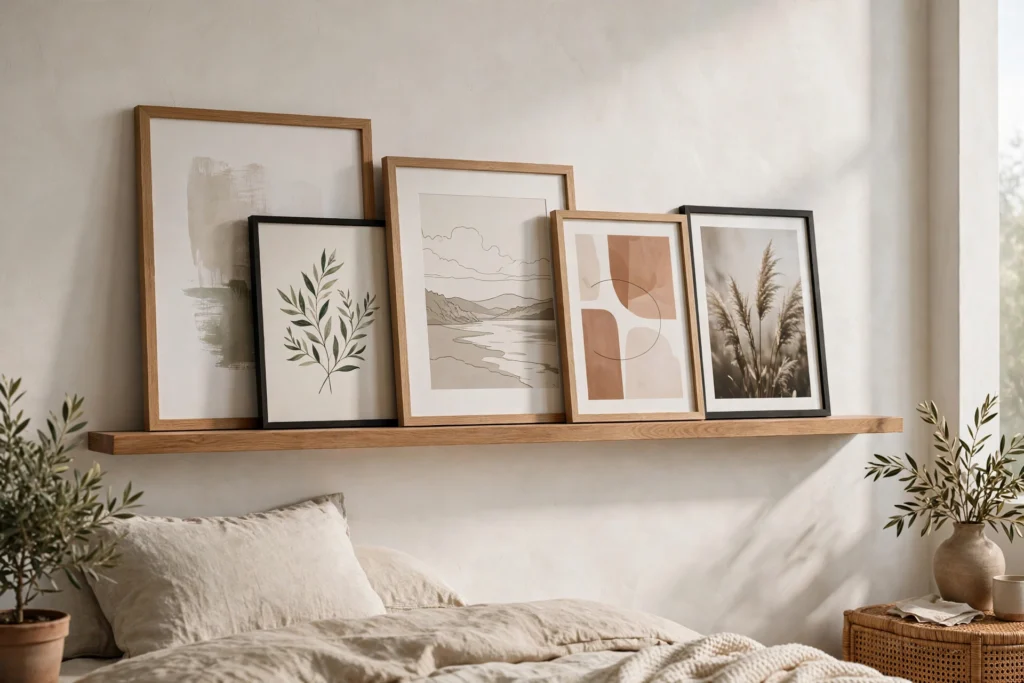 Picture ledge shelf with overlapping framed art prints in a bedroom