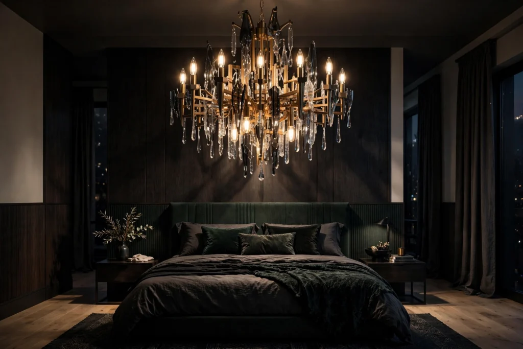 Chandelier hung directly over the bed as a strong bedroom focal point