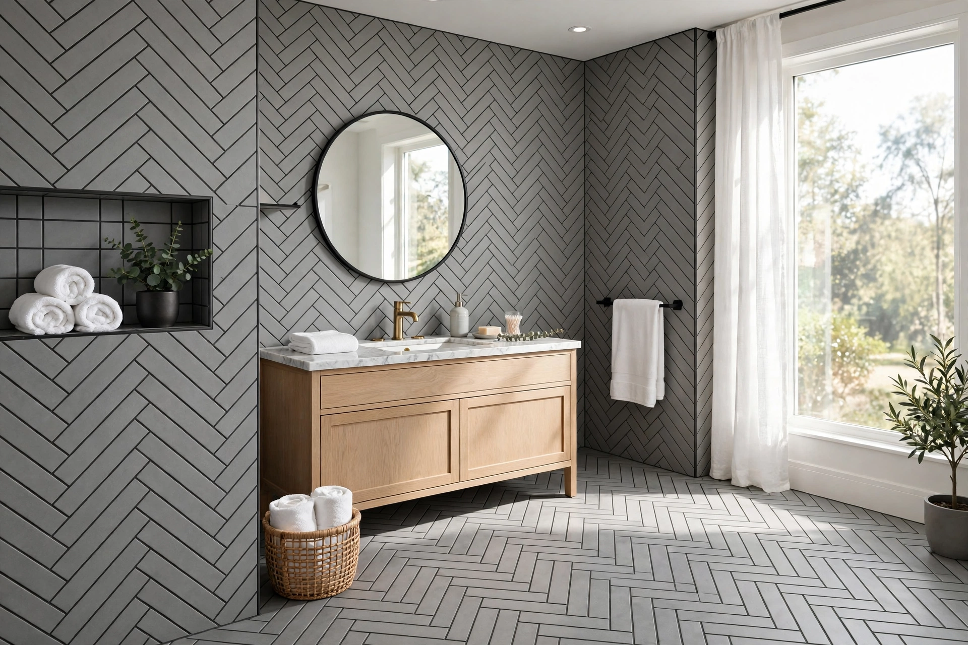 Gray herringbone bathroom tile with charcoal dark grout lines