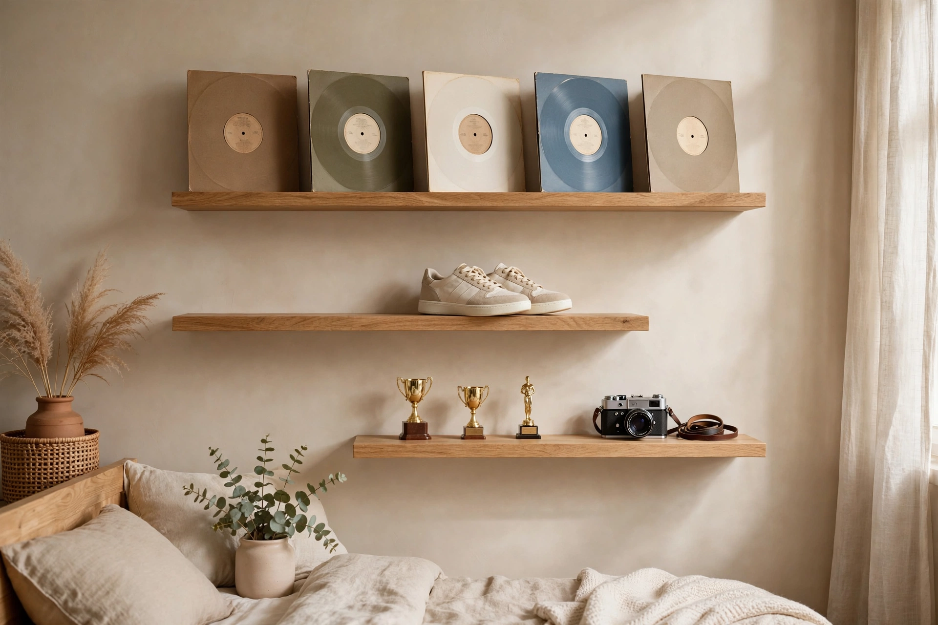 Floating display shelves in a teen bedroom showing vinyl records, sneakers and a camera