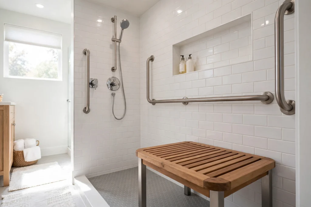 Accessible shower bench with grab bars and handheld showerhead