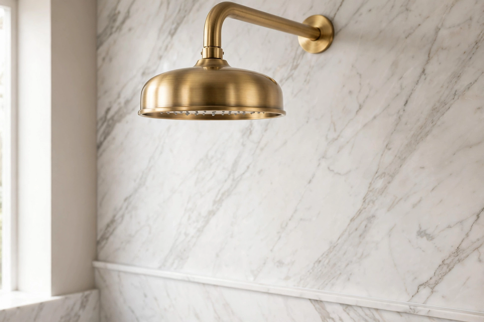 Brushed brass shower head adding warmth above a marble bathroom wall