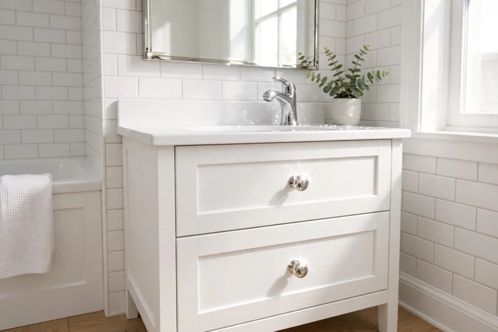 Polished chrome knobs sparkling on a crisp white bathroom vanity in a small bath