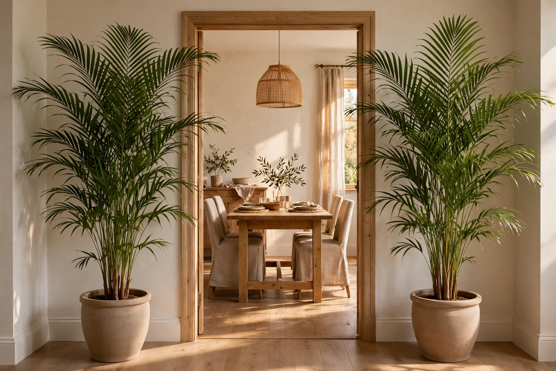 Matching pair of tall palm plants in identical pots framing a dining room doorway