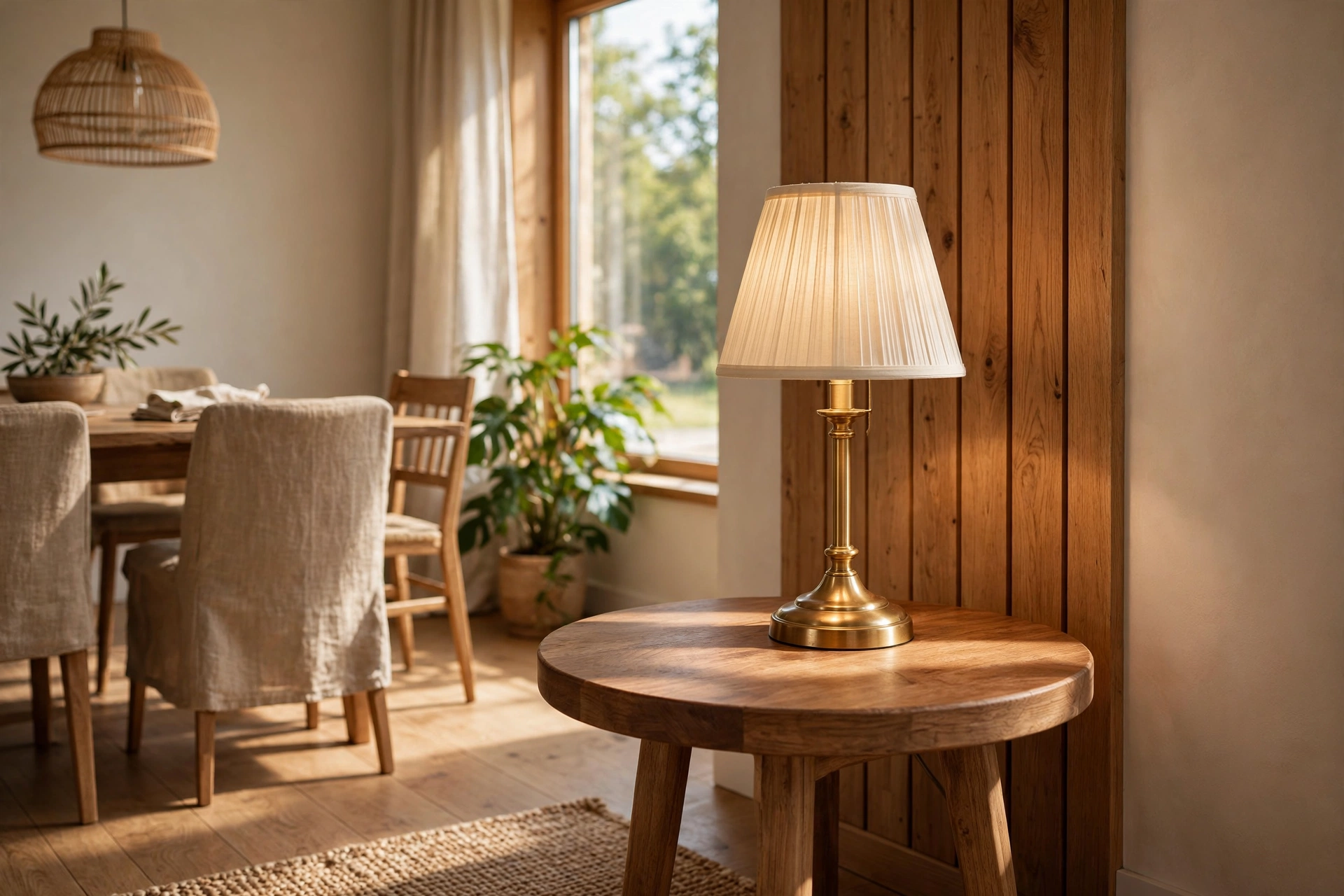 Small round wooden accent table with a brass lamp in a dining room corner