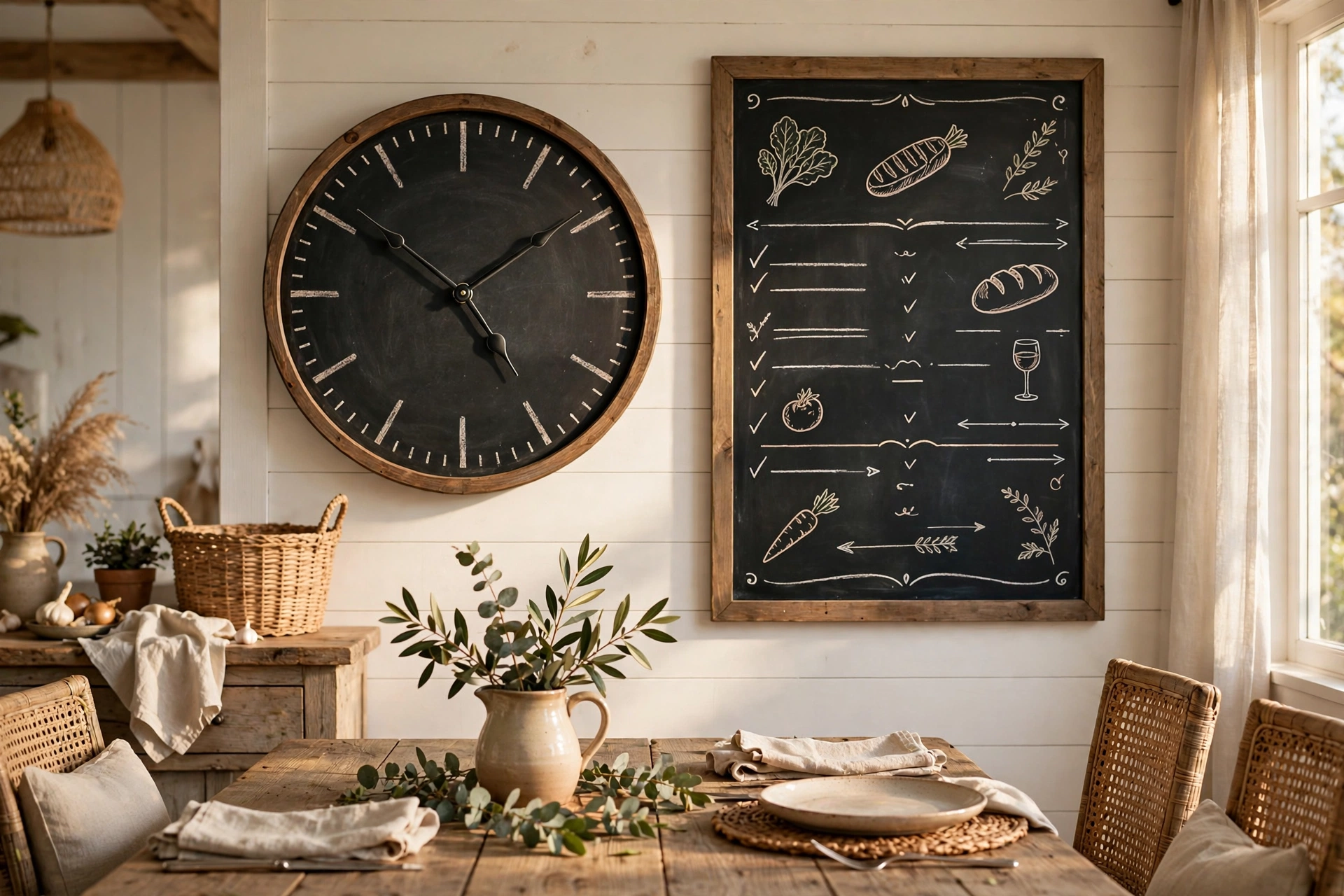 Chalkboard-face wall clock with a handwritten dinner menu in a farmhouse dining room