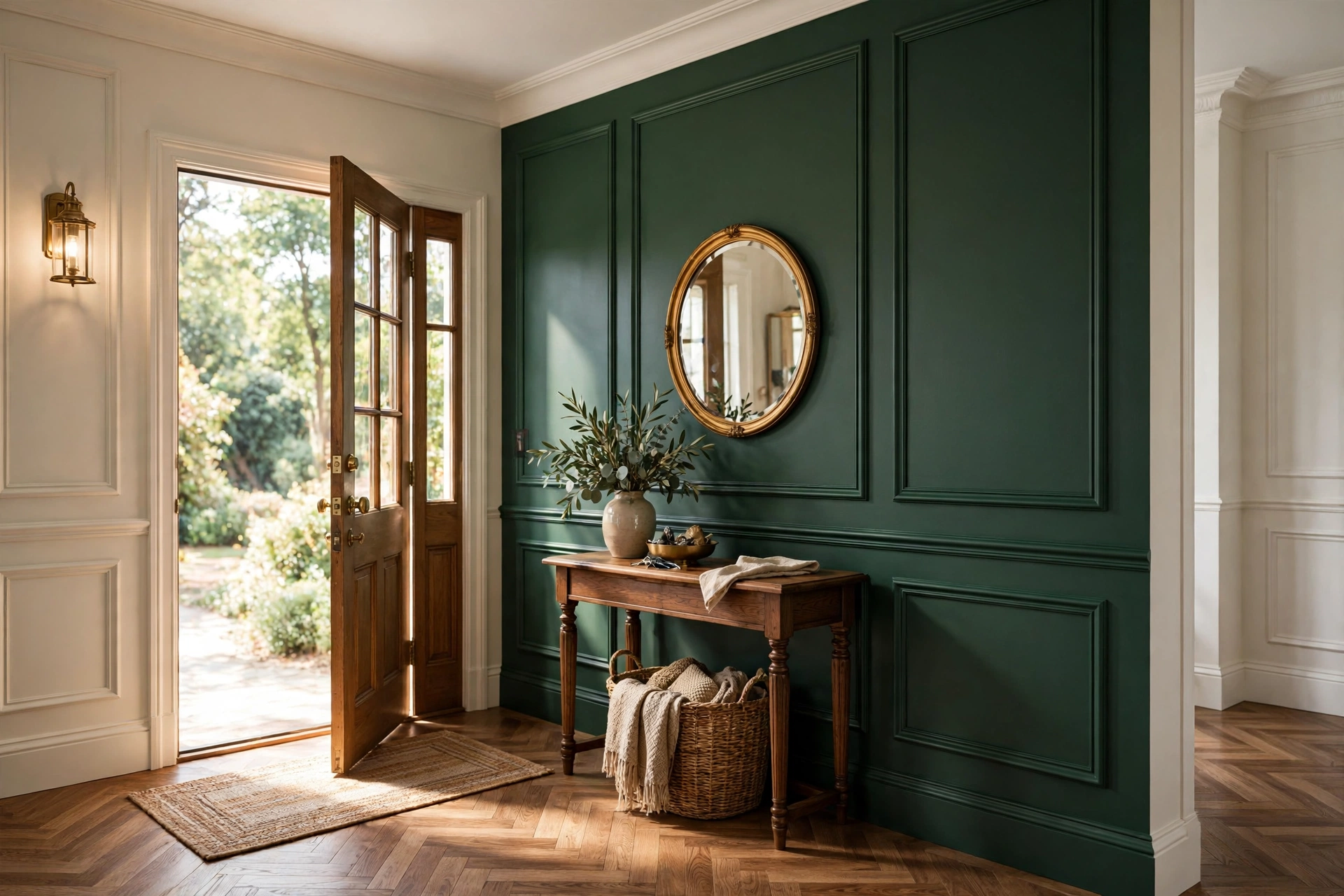 Deep green picture-frame molding accent wall in a traditional entryway