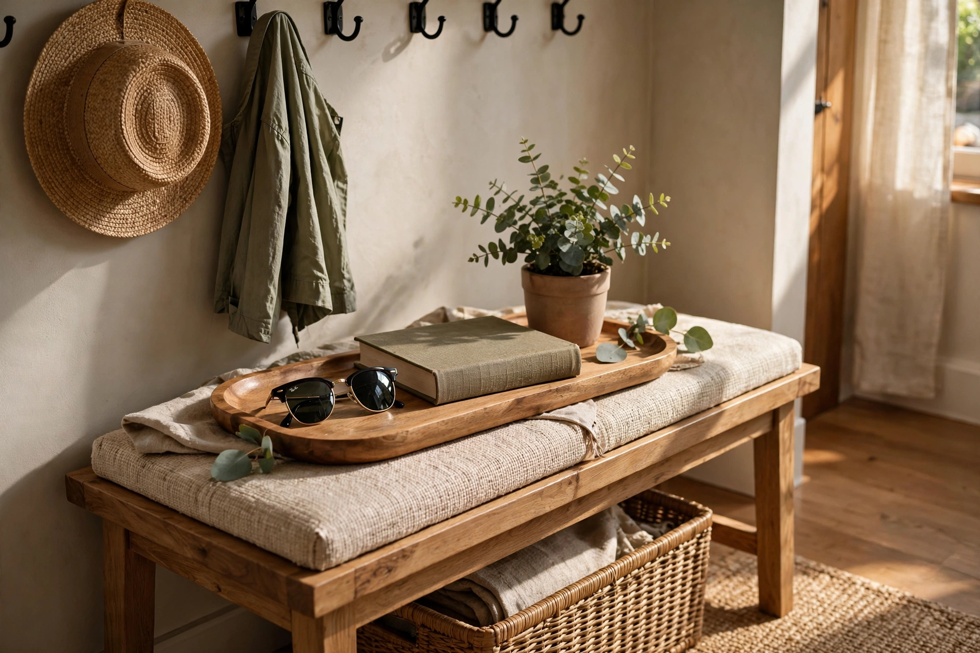 Wooden tray with sunglasses, book, and plant styled on an entryway bench