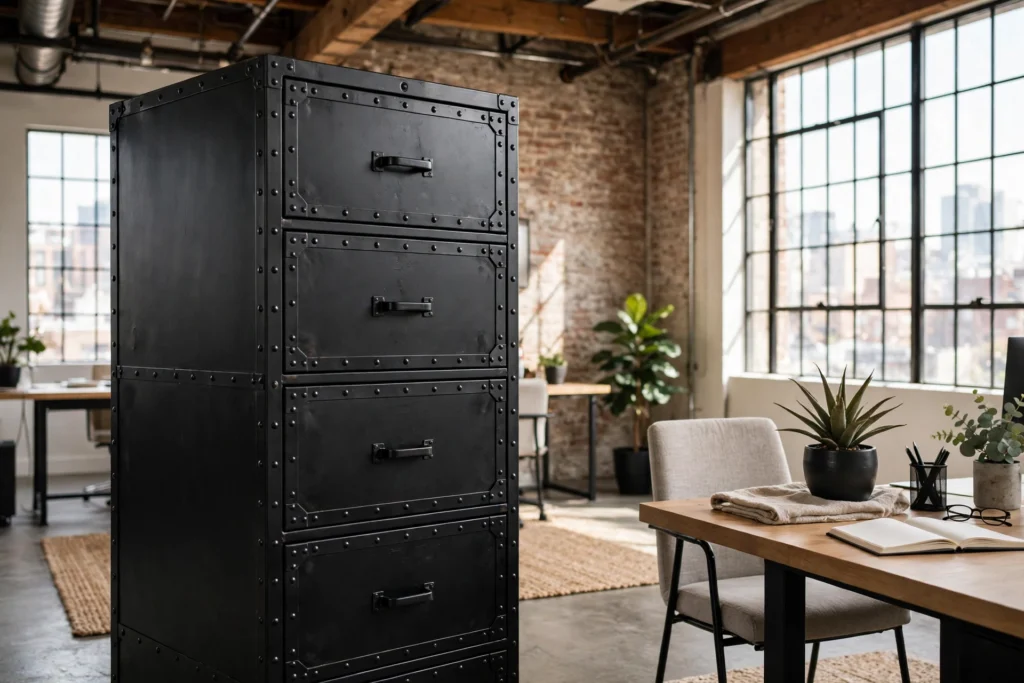 Industrial black steel filing cabinet with riveted details in a loft office