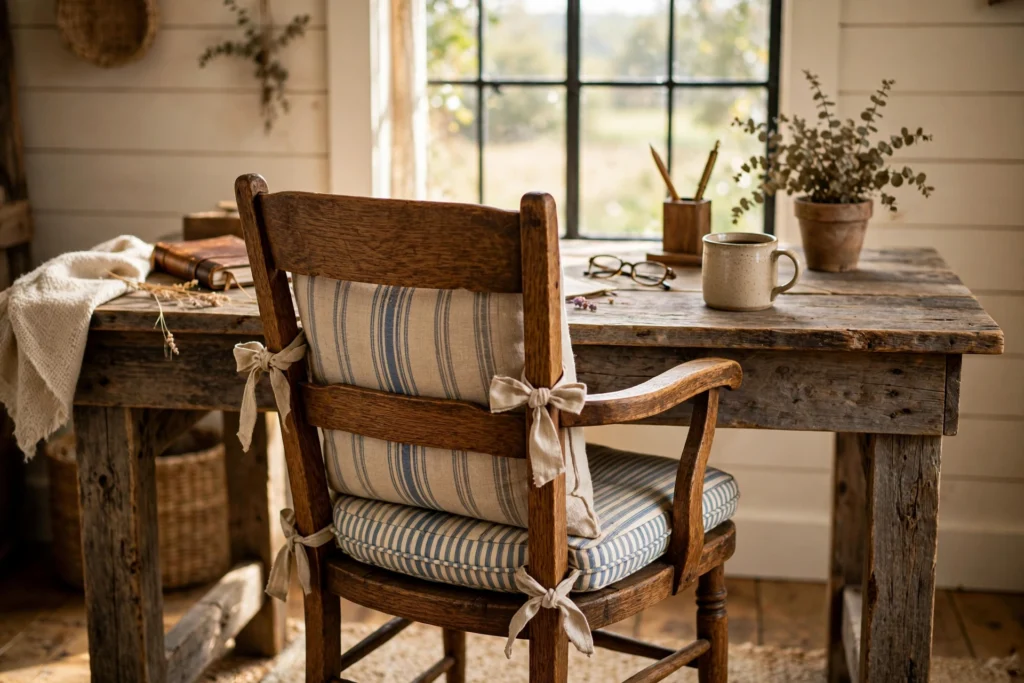 Vintage wooden office chair with a ticking stripe seat cushion