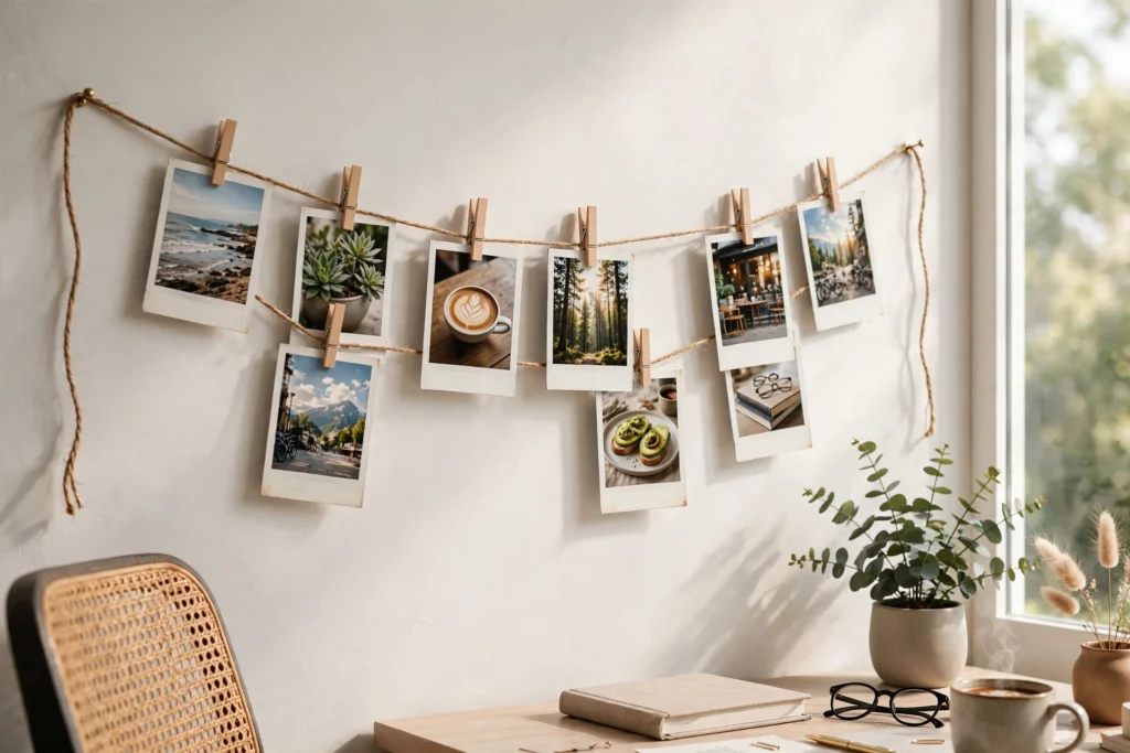 Twine photo string with polaroid prints and mini clothespins decorating a home office wall