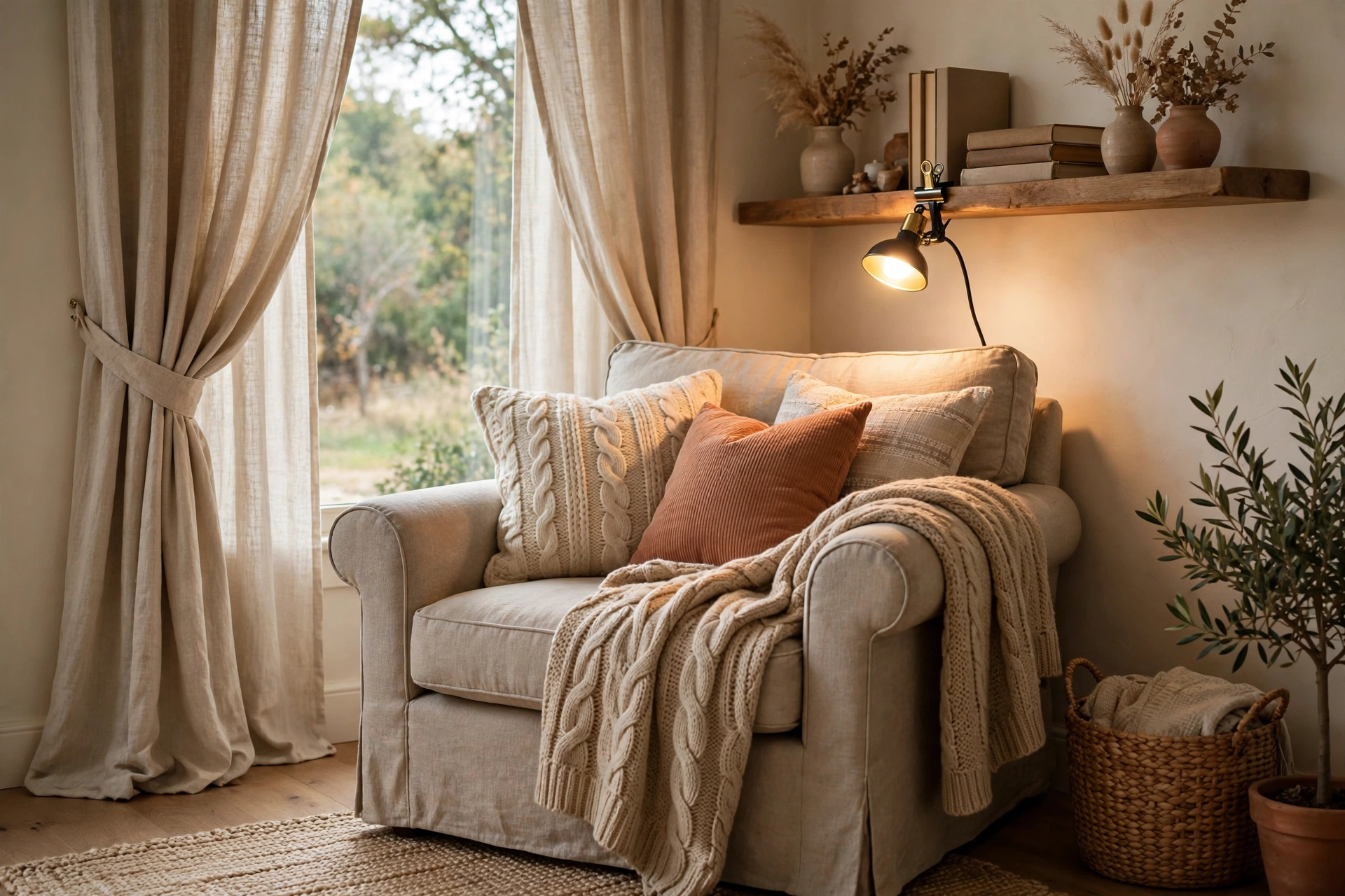 Cozy curtained reading nook with armchair, cushions, throw, and warm clip light