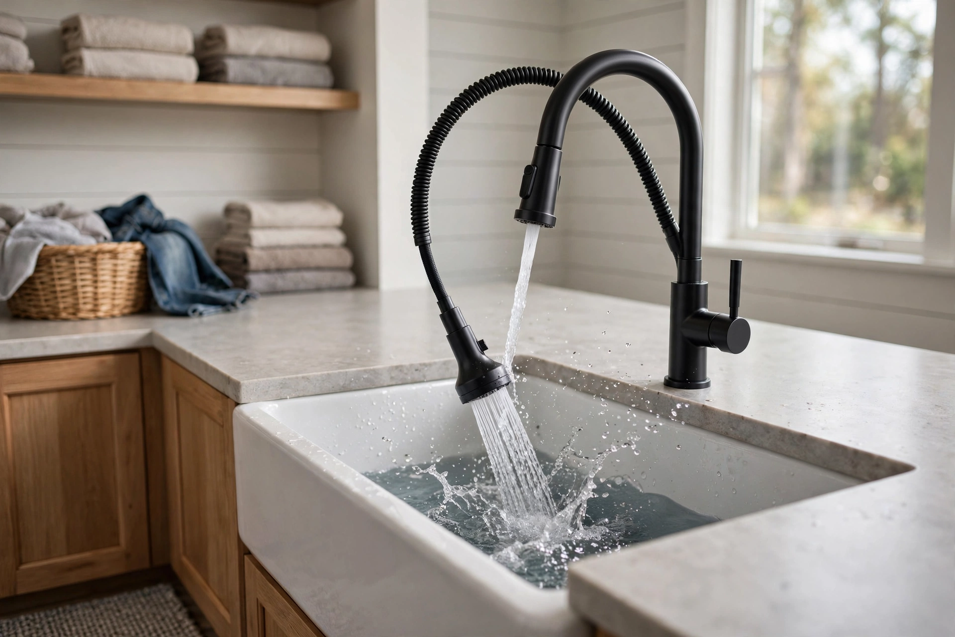High-arc pull-down sprayer faucet rinsing a deep laundry sink with its flexible hose