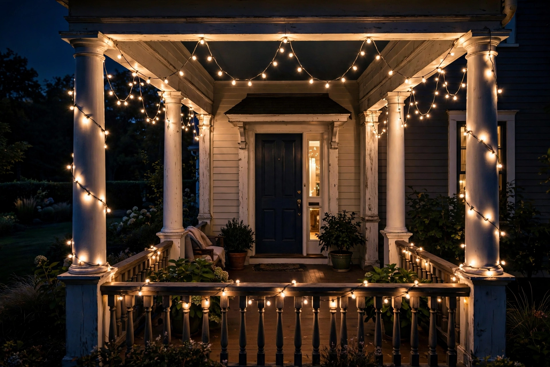 String lights framing a front porch entry around columns and railing