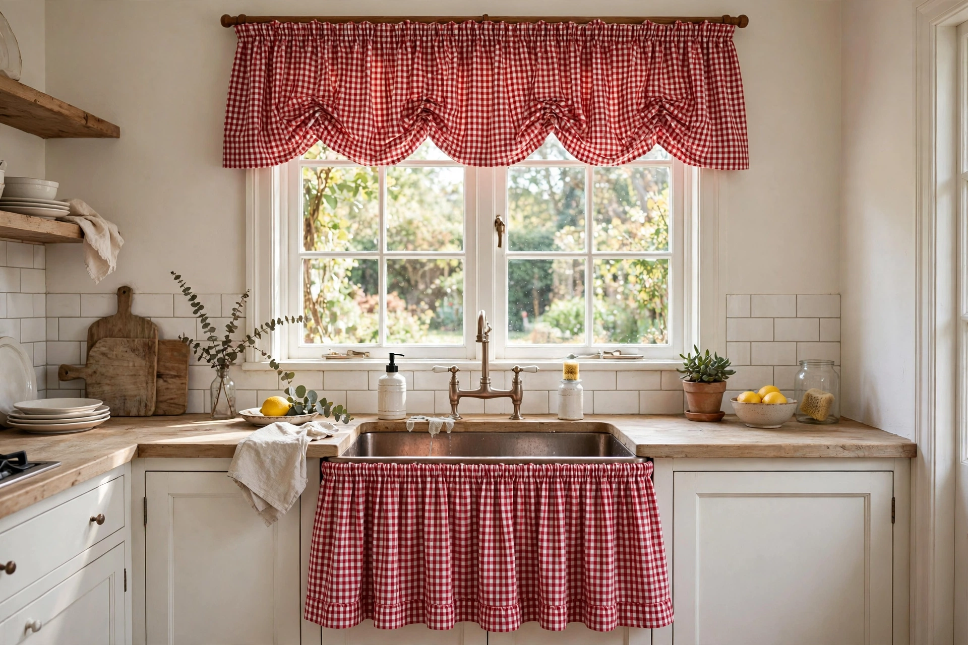 Red gingham check sink skirt paired with a matching valance above the kitchen window