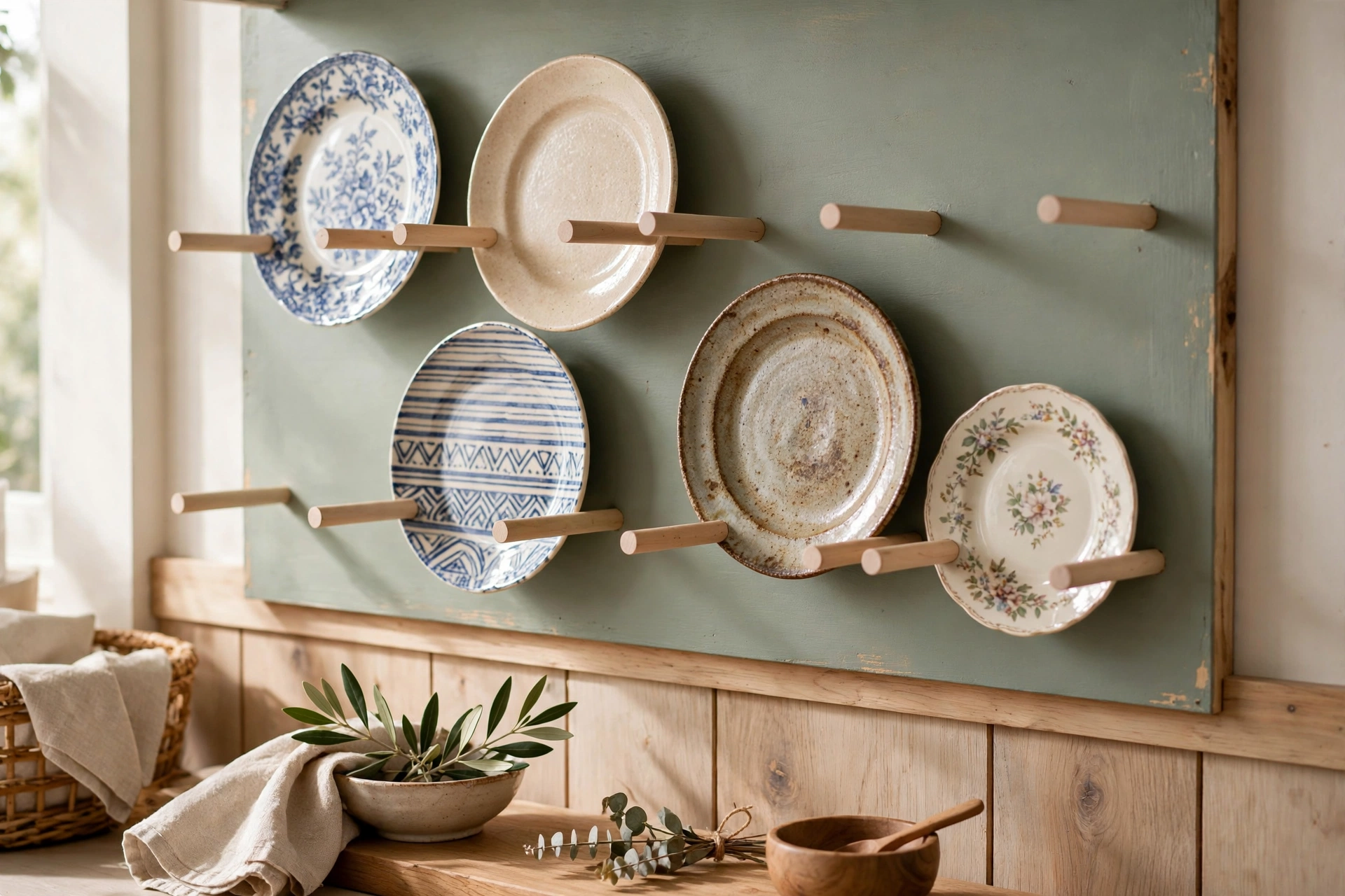 DIY dowel plate rack with wooden dowels holding plates on a painted backboard