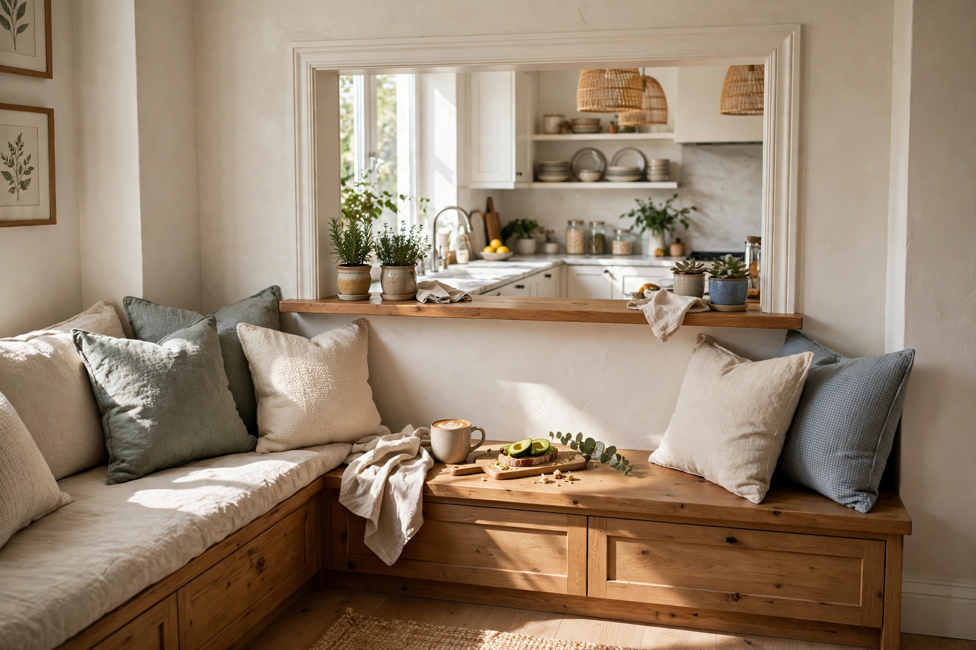 Pass-through window above a built-in breakfast nook with bench seating underneath
