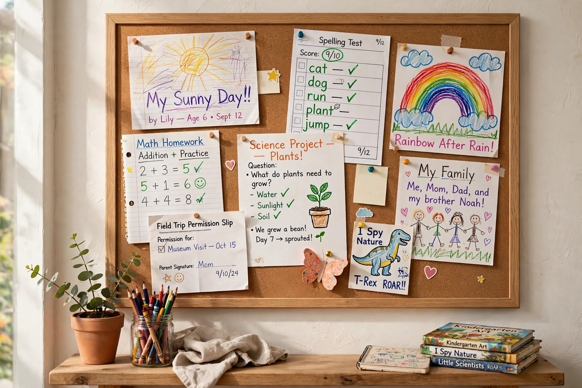 Framed cork bulletin board displaying children's school papers and colorful artwork