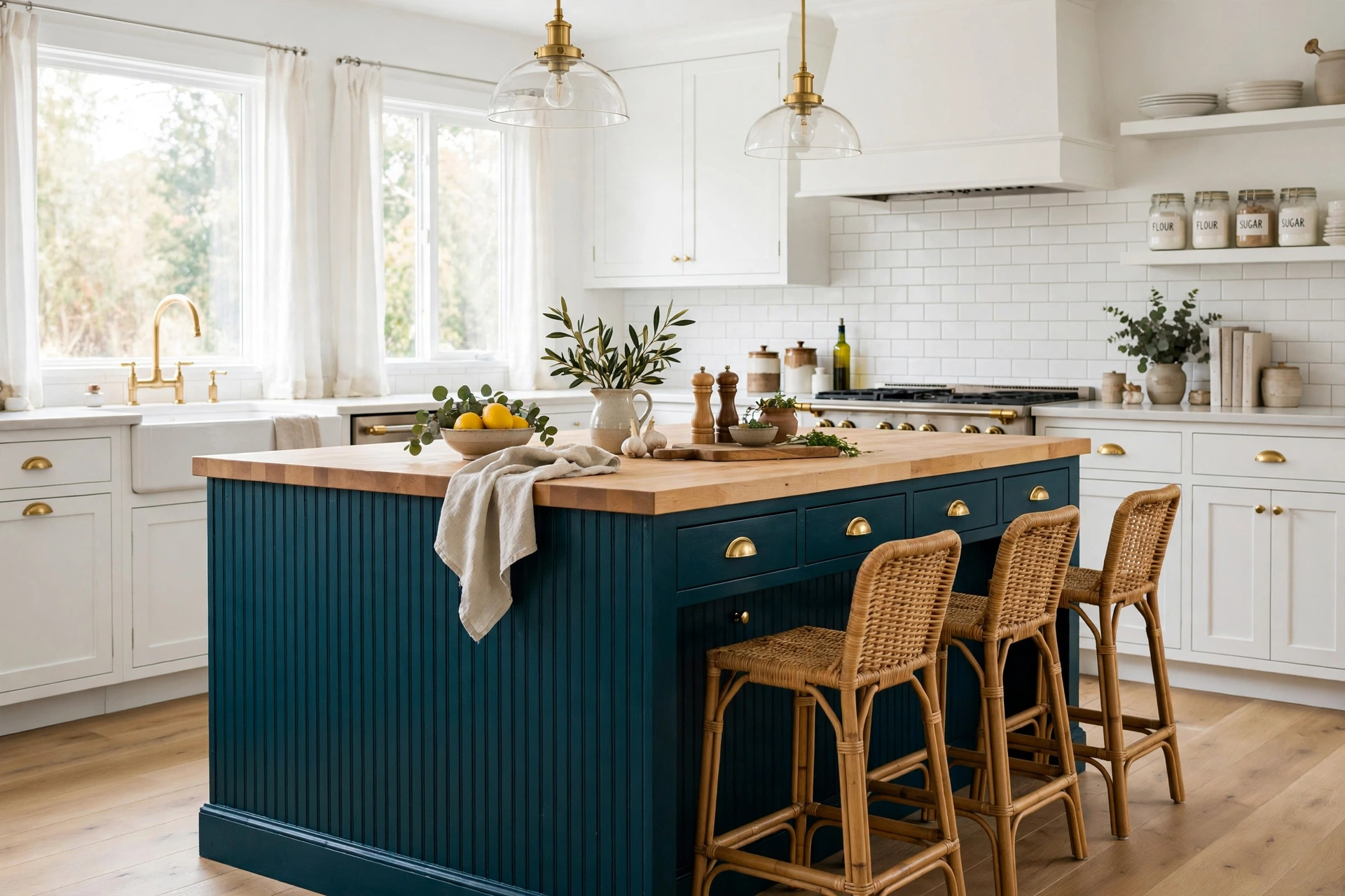 Bold deep teal beadboard island bringing dramatic color and texture to a white kitchen