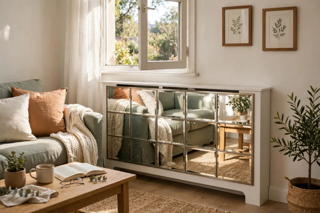 Mirrored front radiator cover reflecting light in a compact living room
