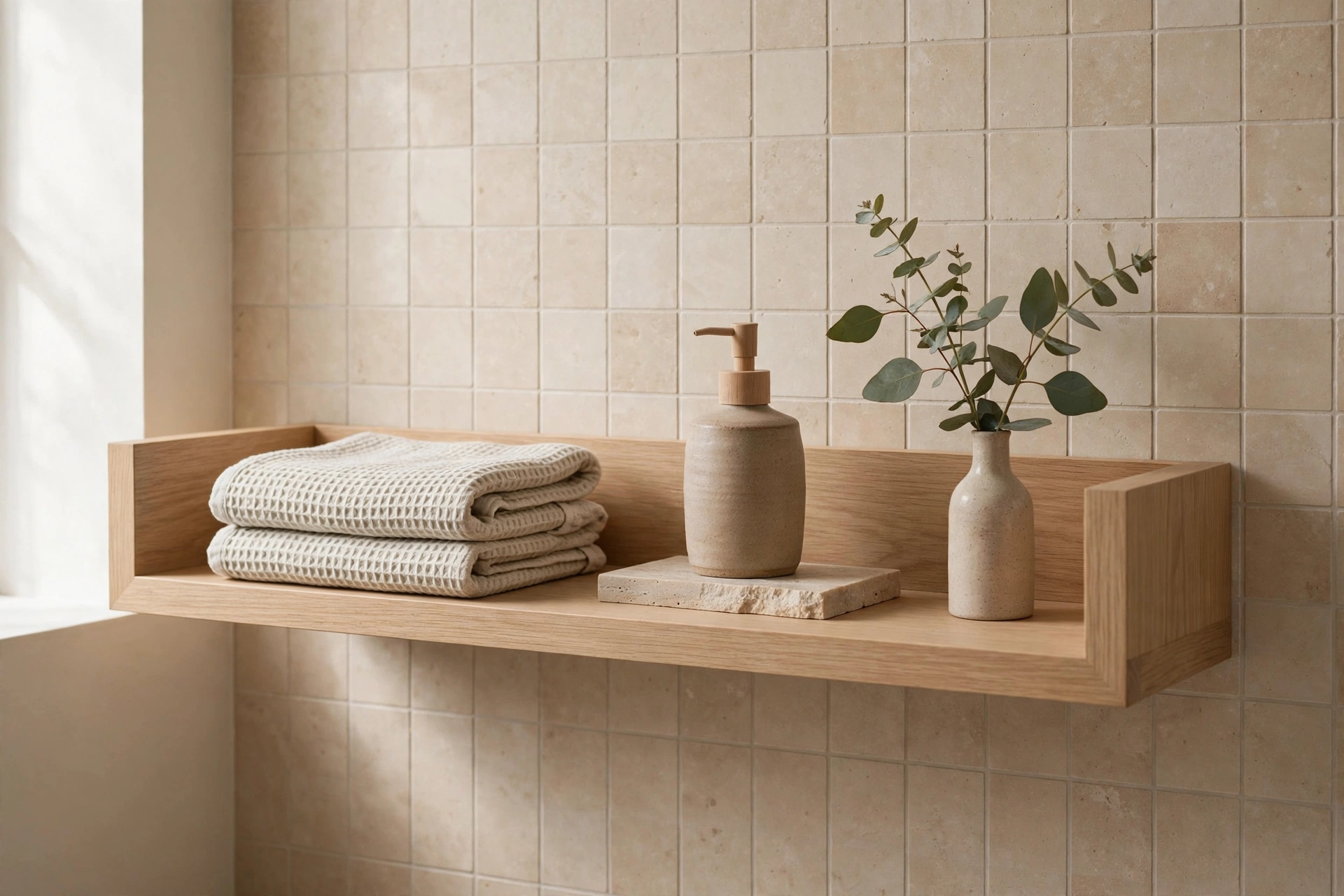 Open oak shelf with folded waffle towel and ceramic soap dispenser