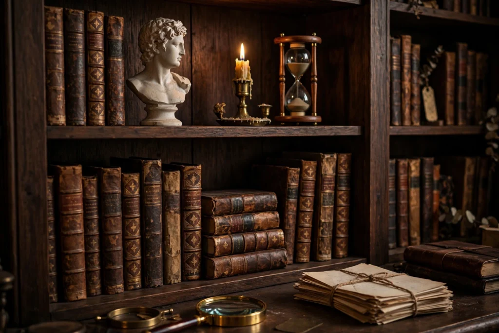 Styled bookshelves with leather books, brass candlestick, bust and hourglass in a dark study