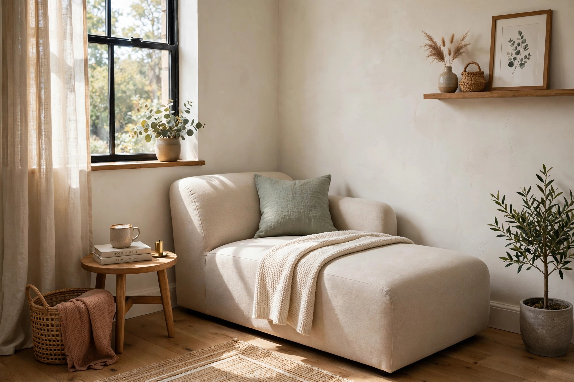 Armless slipper chaise lounge fitting neatly into a small living room corner