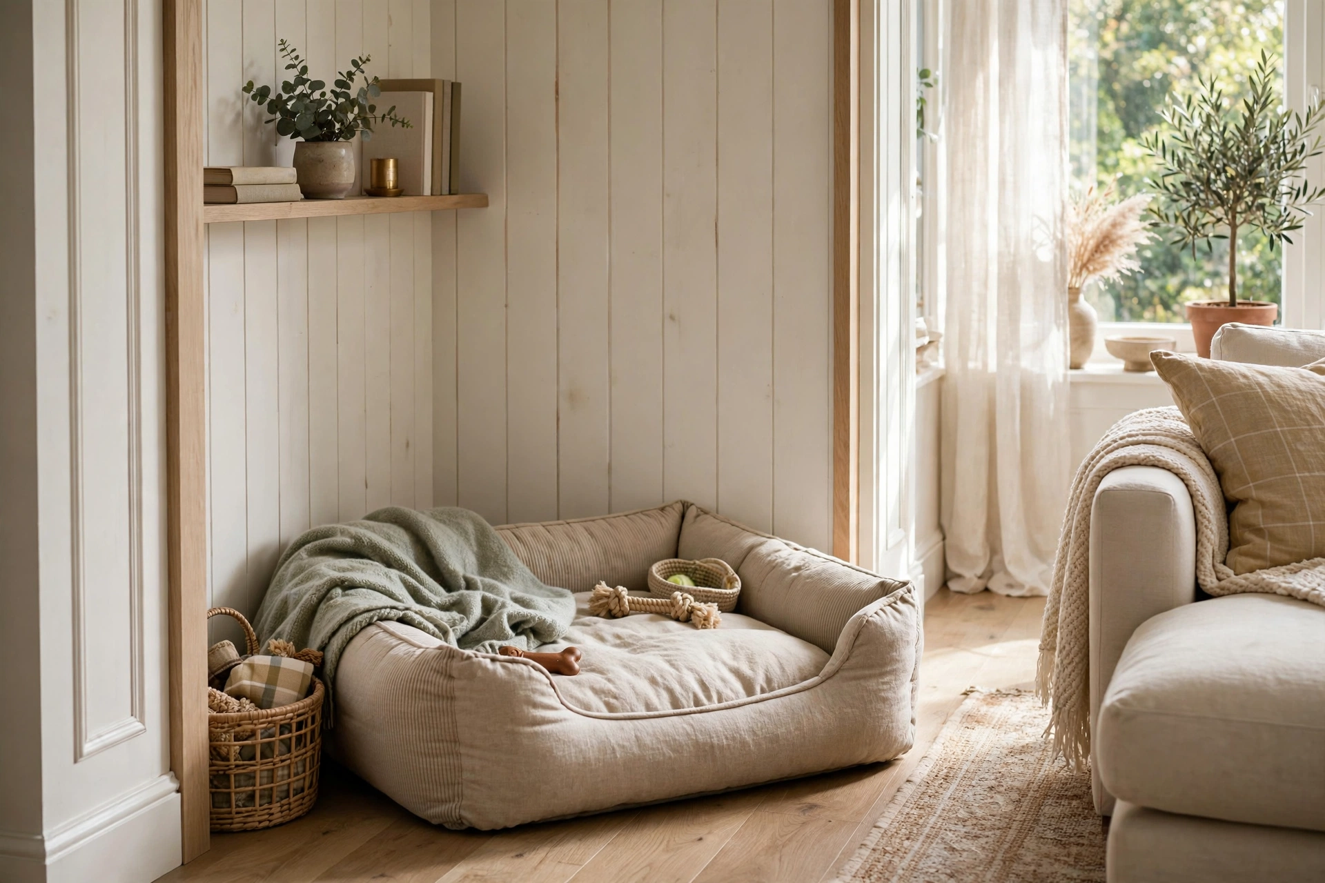 Dog bed tucked into a cozy dead corner nook of the living room