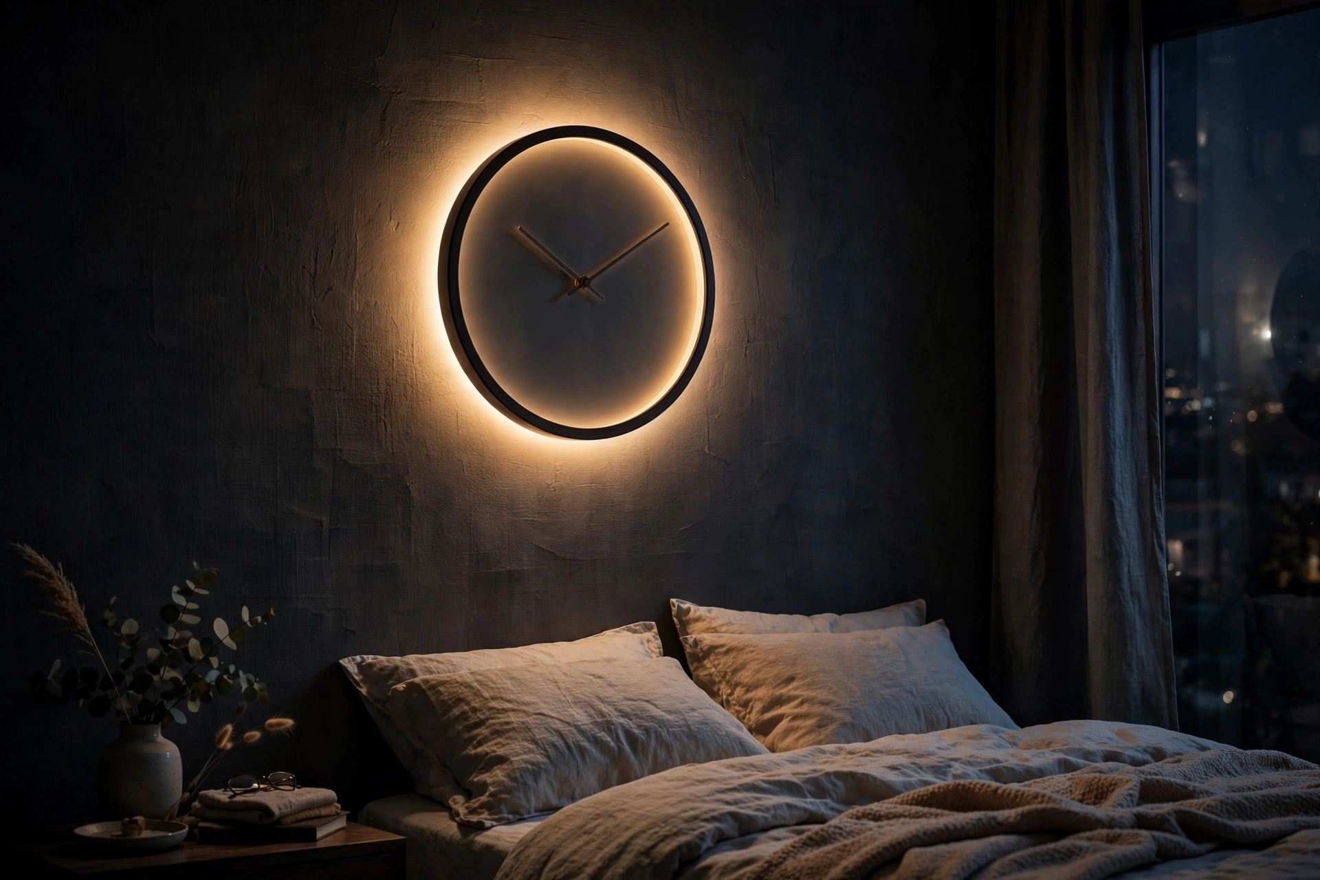 Backlit wall clock glowing softly warm on a dark bedroom wall at night
