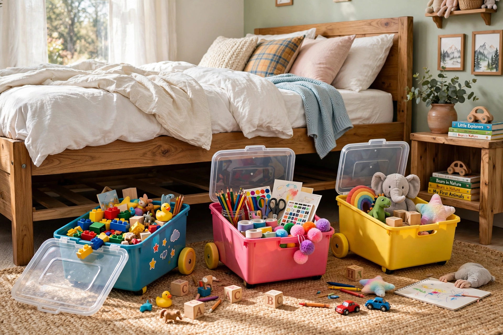 Colorful rolling toy bins pulled from under a child's bedroom bed