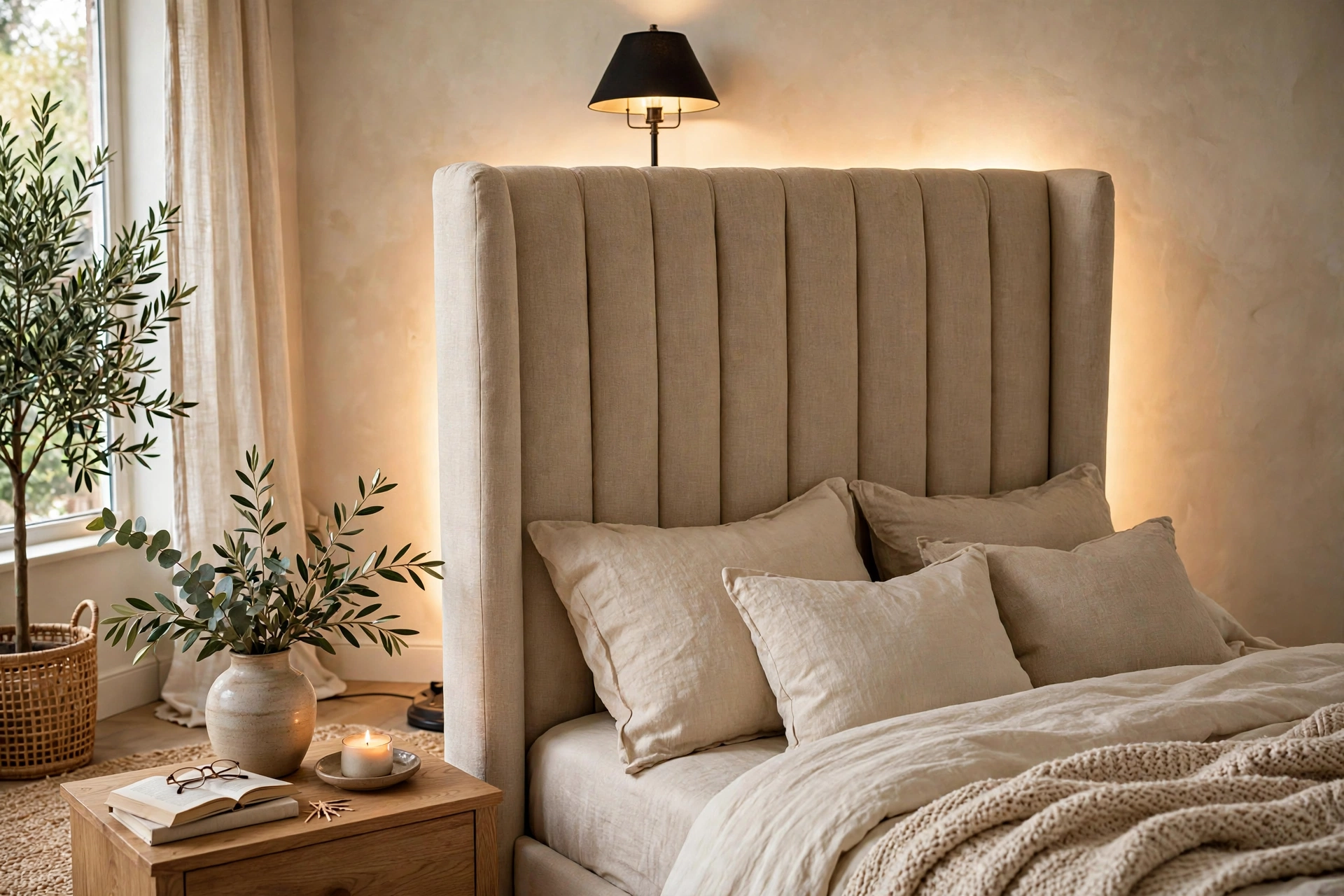 Floor lamp behind a tall upholstered headboard creating a halo backlight