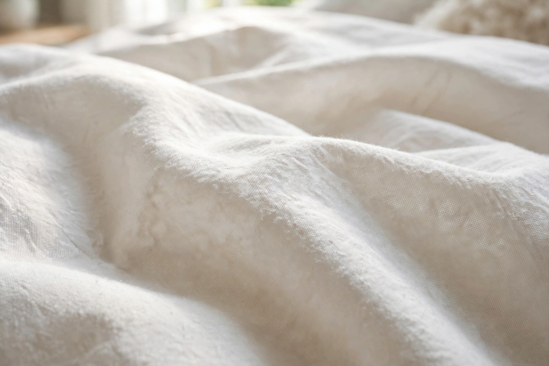 Close-up of quality long-staple cotton sheet fabric showing a fine weave