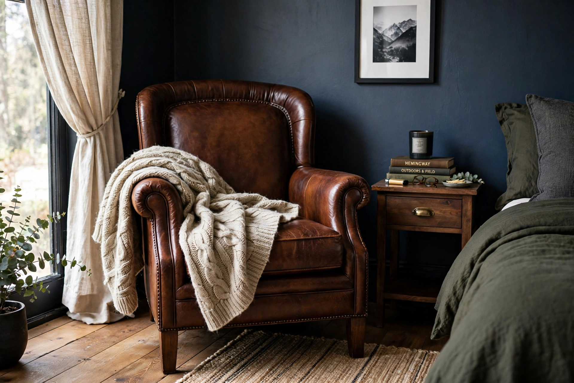 Brown leather club chair with a wool throw in a masculine bedroom corner