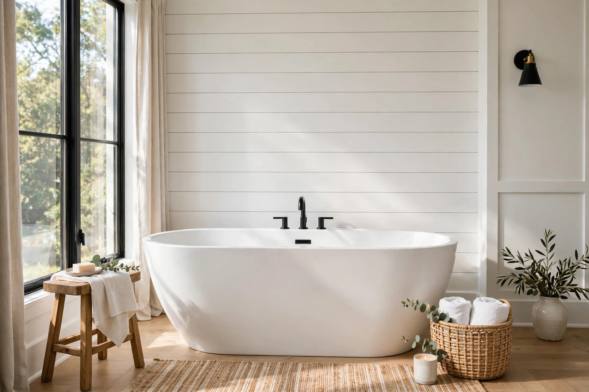 Freestanding tub in front of a full-height white shiplap wall