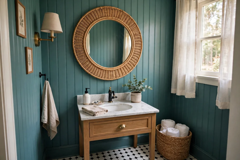 Small powder room with teal beadboard walls and a statement round mirror
