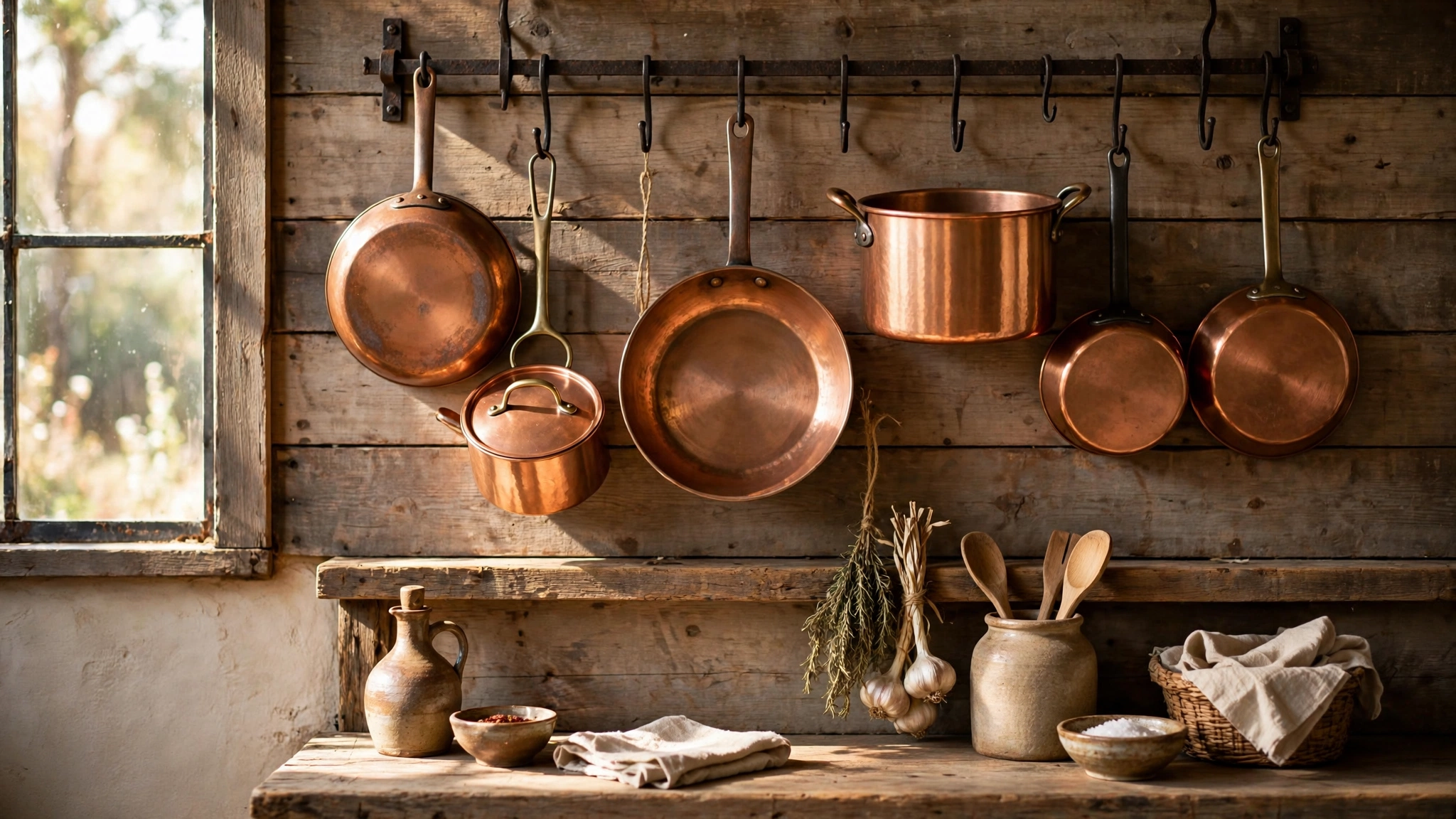 Copper pots and pans hanging on a rustic kitchen wall rack