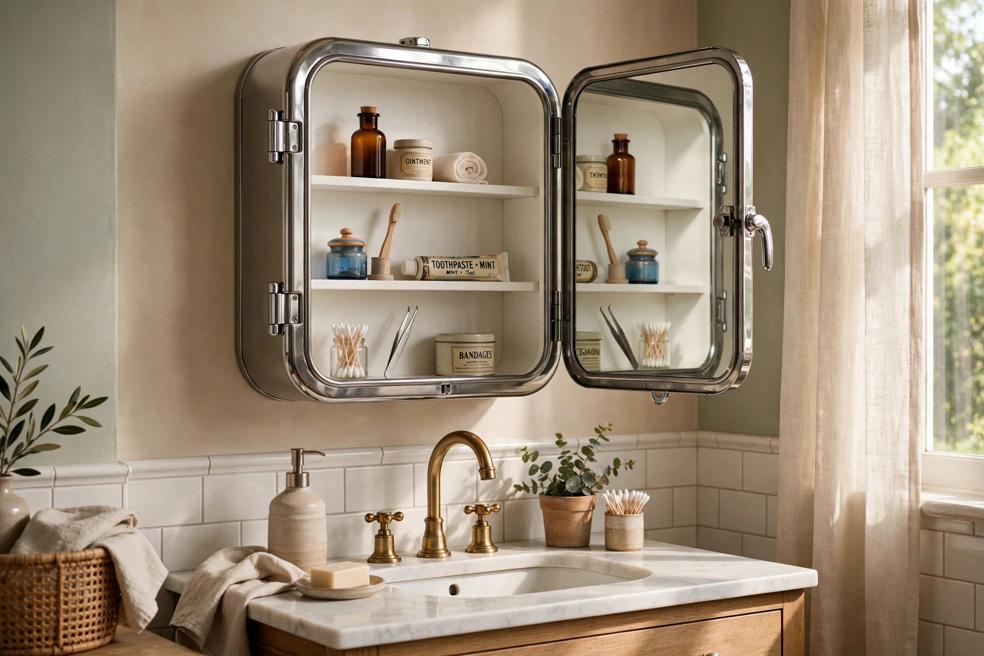 Vintage-style steel medicine cabinet with rounded corners and chrome frame