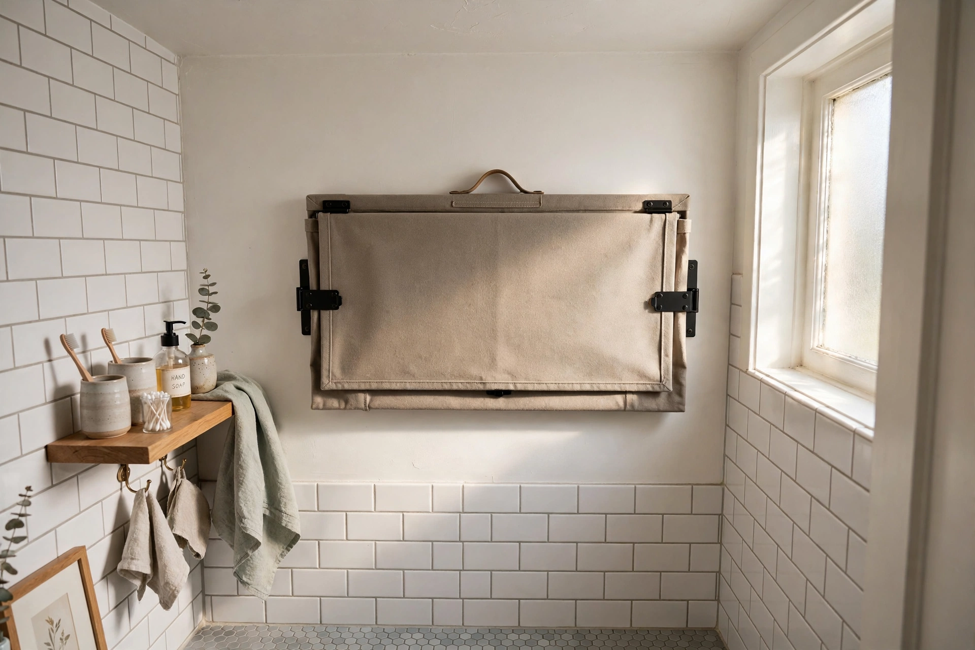 Wall-mounted fold-down canvas hamper collapsed flat against a tiny bathroom wall