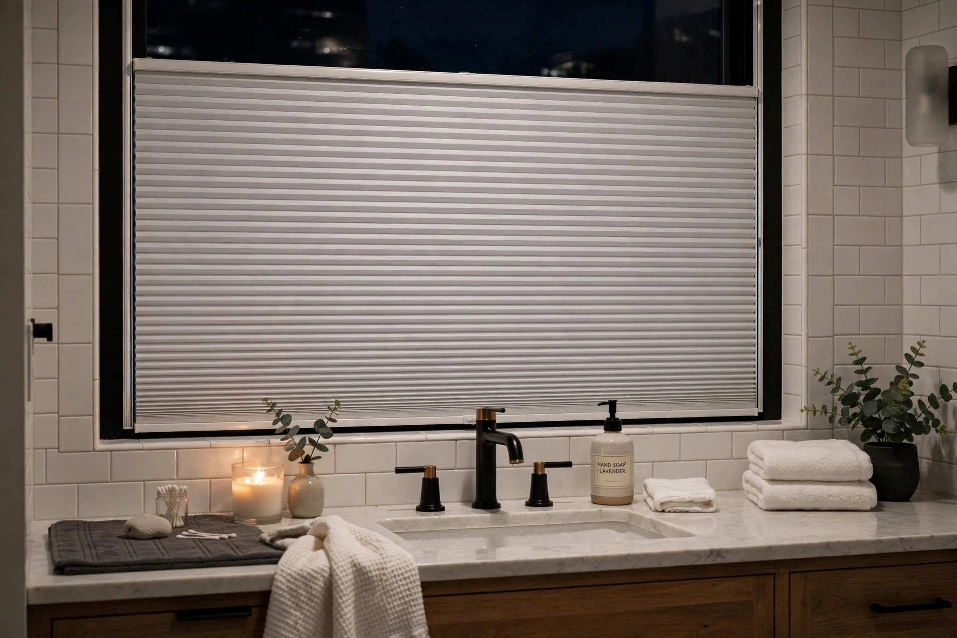 White blackout cellular shade with side channels on a bathroom window at night