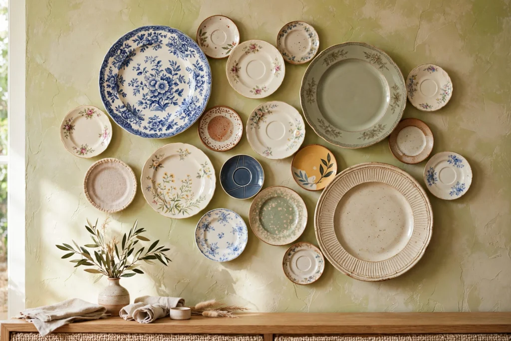 Small saucers and dessert plates filling gaps between large plates on a wall