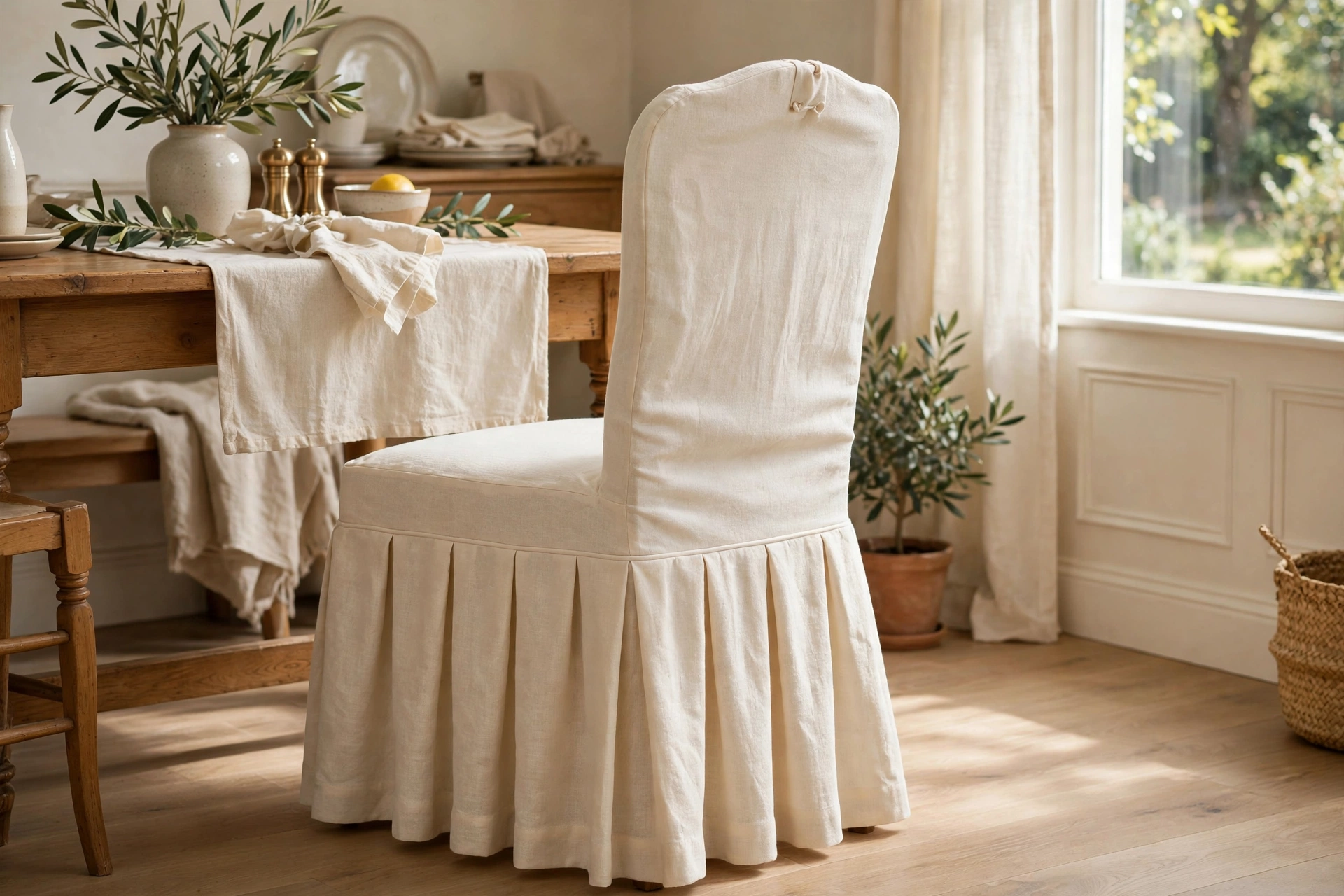 Structured box-pleat skirt slipcover in cream fabric on a traditional dining chair