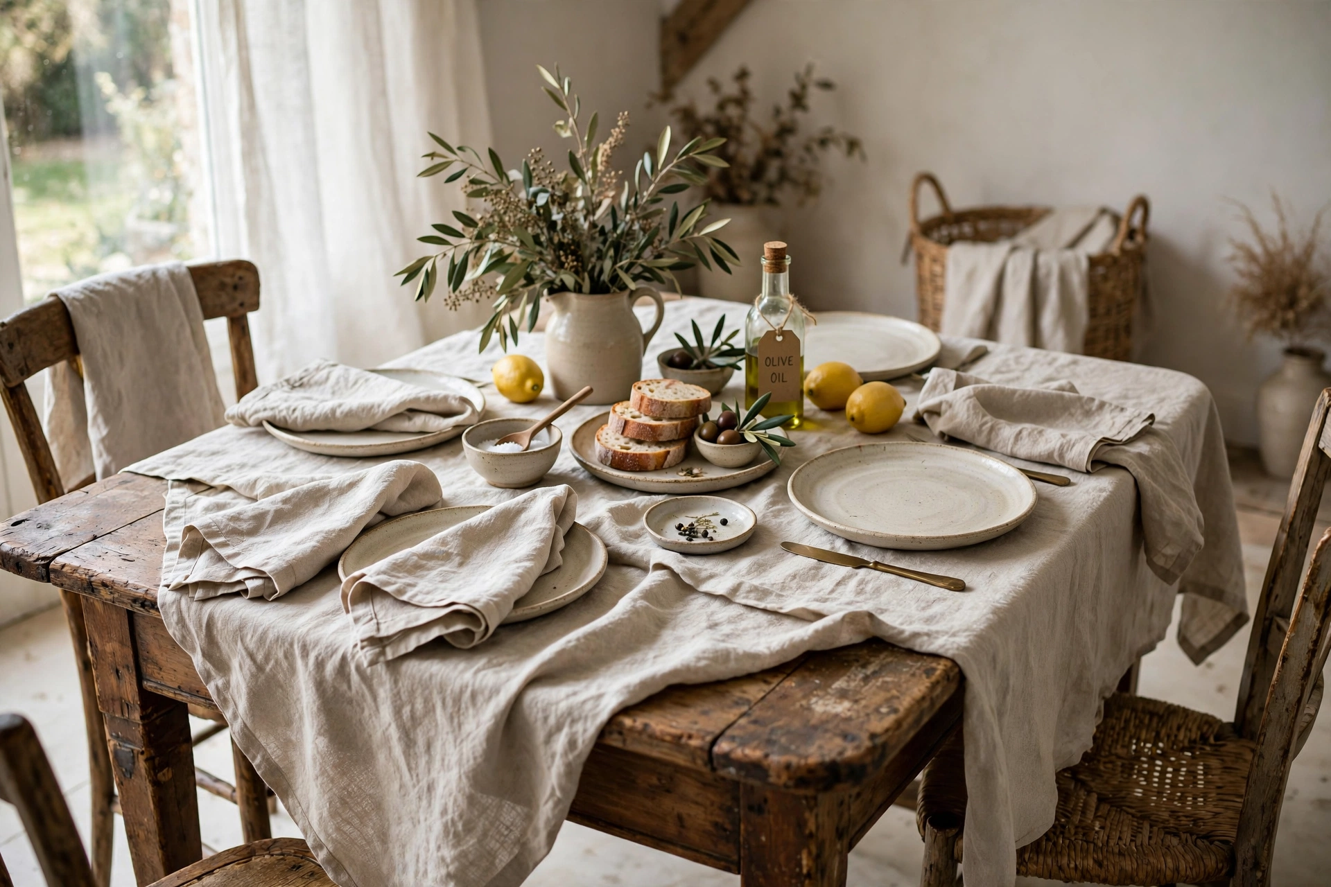 Vintage dining table dressed with a natural linen cloth and cloth napkins