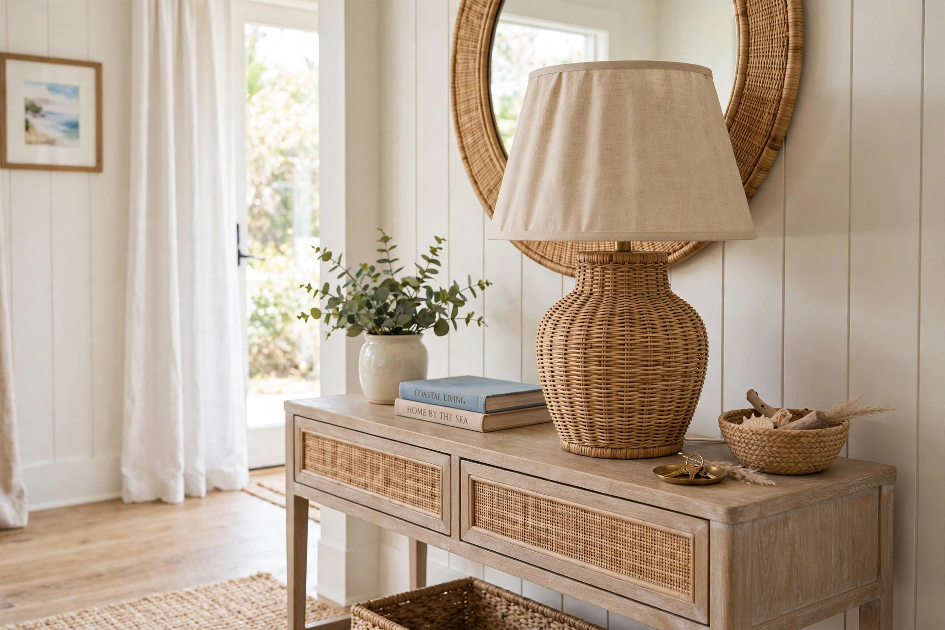 Rattan woven lamp base with linen shade on a coastal style entry console