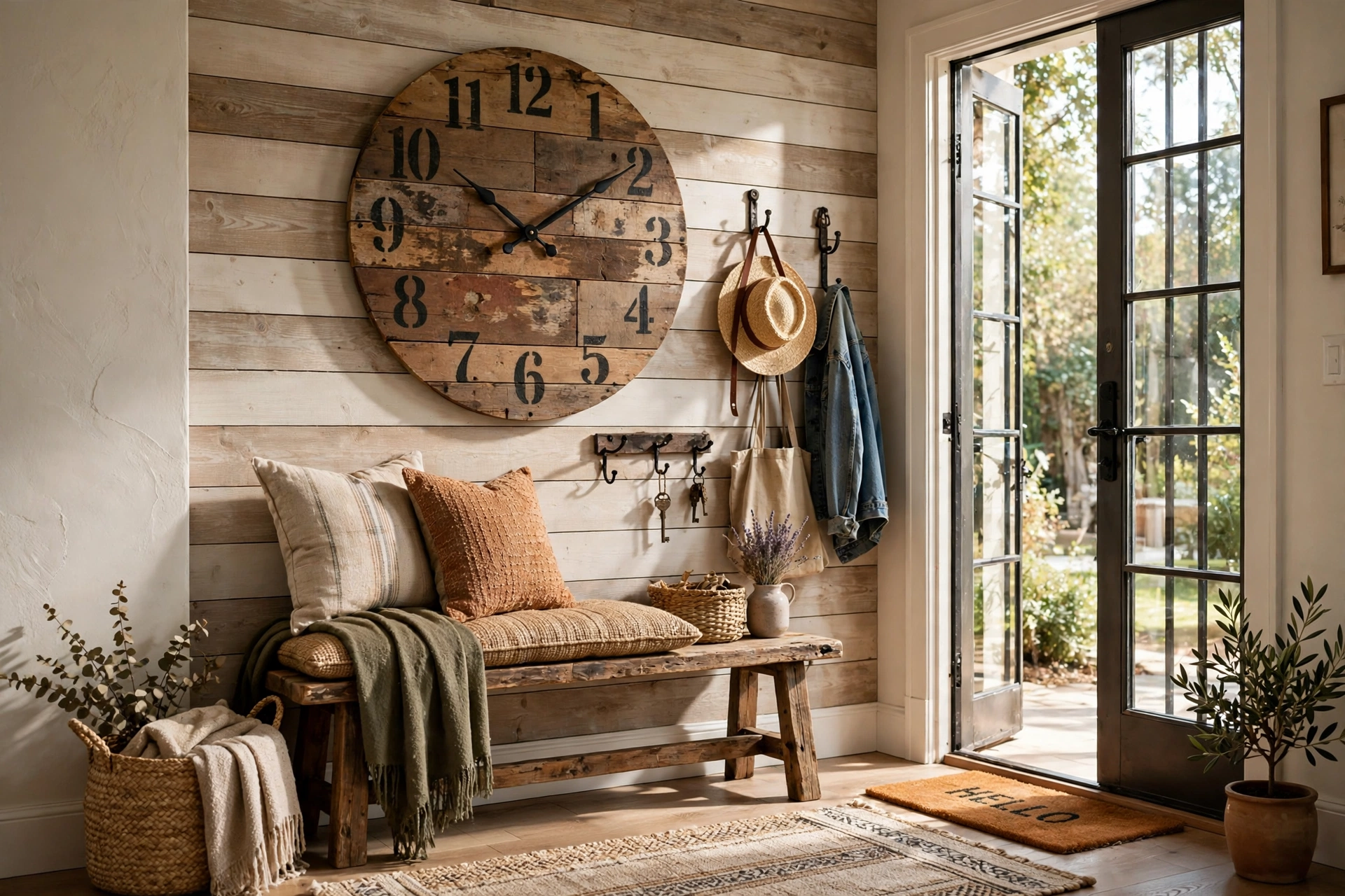 Round reclaimed wood wall clock with stenciled numerals in a warm rustic entryway