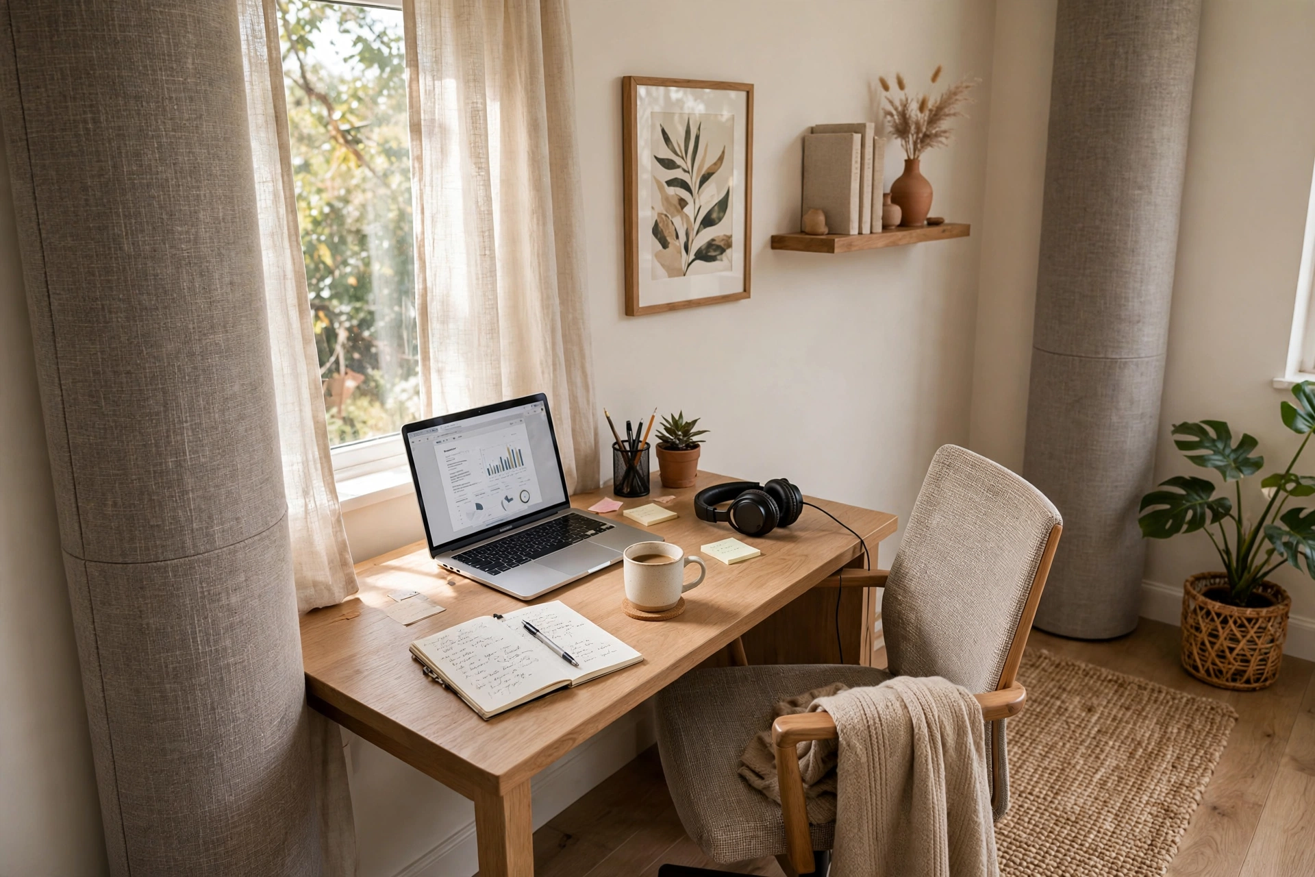 Fabric-wrapped bass trap columns fitted into the corners of a small office