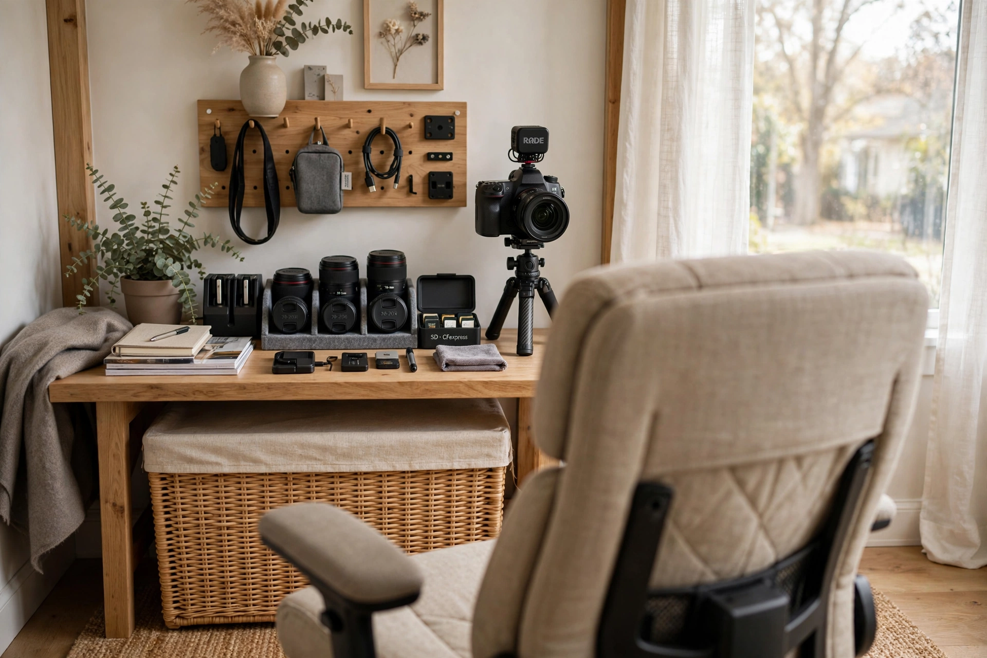 Tidy camera zone behind an office chair with hidden storage basket